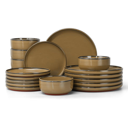 E-far Stoneware Dinnerware Sets for 6, 18 Pieces Reactive Glaze Plates and Bowls Sets, Elegant Dishes with Rustic Terracotta Clay Base, Dishwasher & Microwave Safe, Scratch Resistant, Deep Camel
