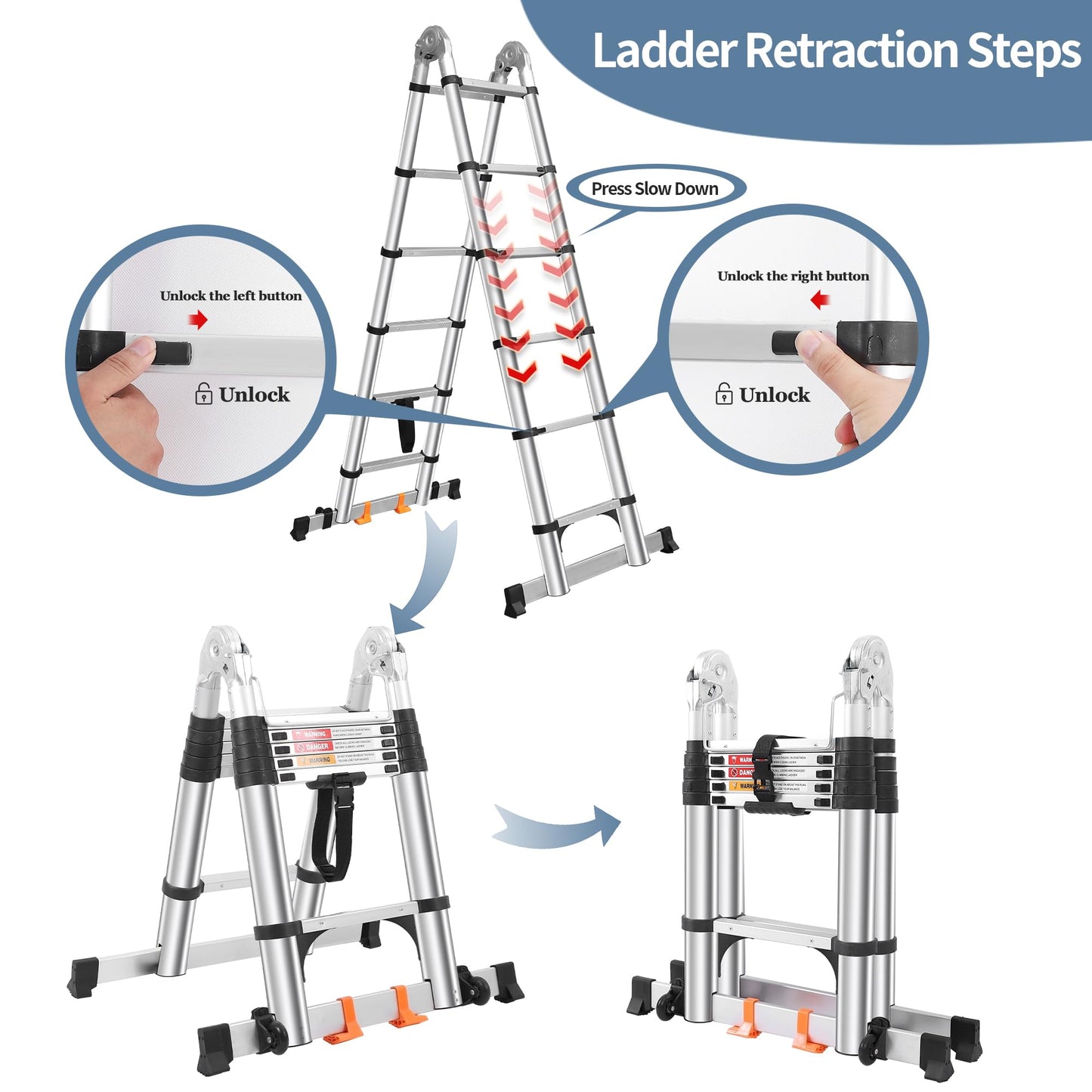 Telescoping Ladder A Frame 12.5 FT, Extension Ladder with Balance Bar & Stabilizers, Collapsible Foldable Ladder for Indoor & Outdoor & Rvs, Multi-Position Compact Ladder for Home, 330lbs Capacity
