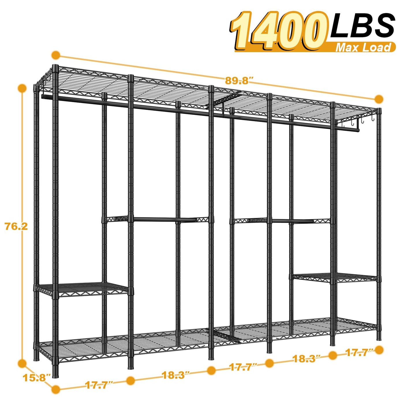 Ulif H50 Extra Large Clothes Rack, Heavy Duty Garment Rack, Freestanding Portable Closet, Clothing Racks for Hanging Clothes, Wardrobe Closet 89.8'' W x 15.8" D x 76.4" H, Max Load 1400 Lbs, Black