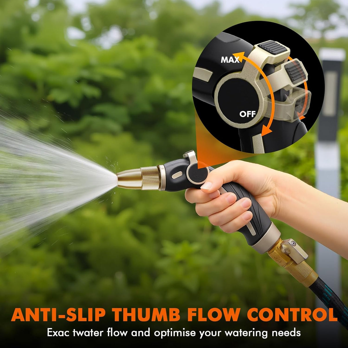 RESTMO High Pressure Hose Nozzle - Heavy Duty Brass Head | Adjustable Thumb Flow Control, 4 Spray Patterns