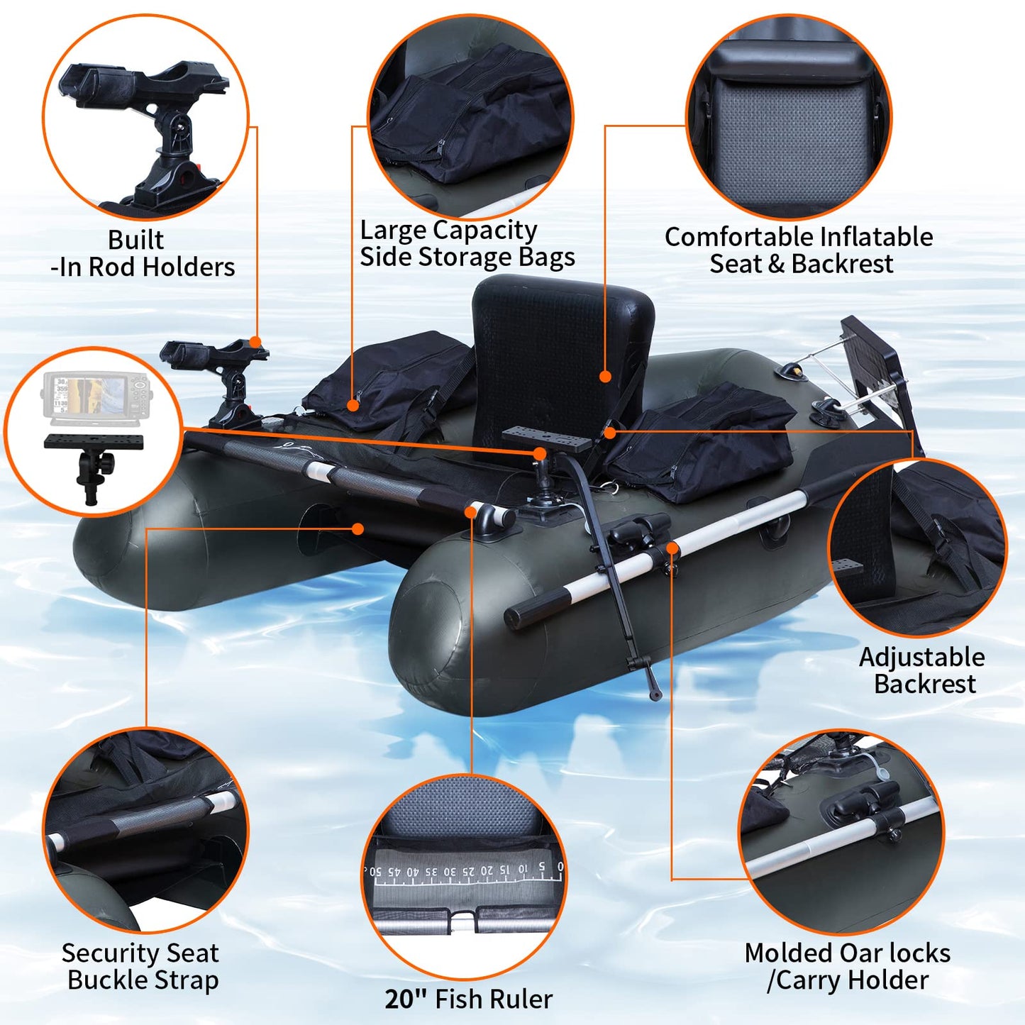 Xproutdoor Inflatable Fishing Float Tube, Belly Boat Fishing with Adjustable Backpack Straps, Storage Pockets, Fish Ruler, Pump, Oar, Float Tubes for Fishing, 350 LBS Load Capacity
