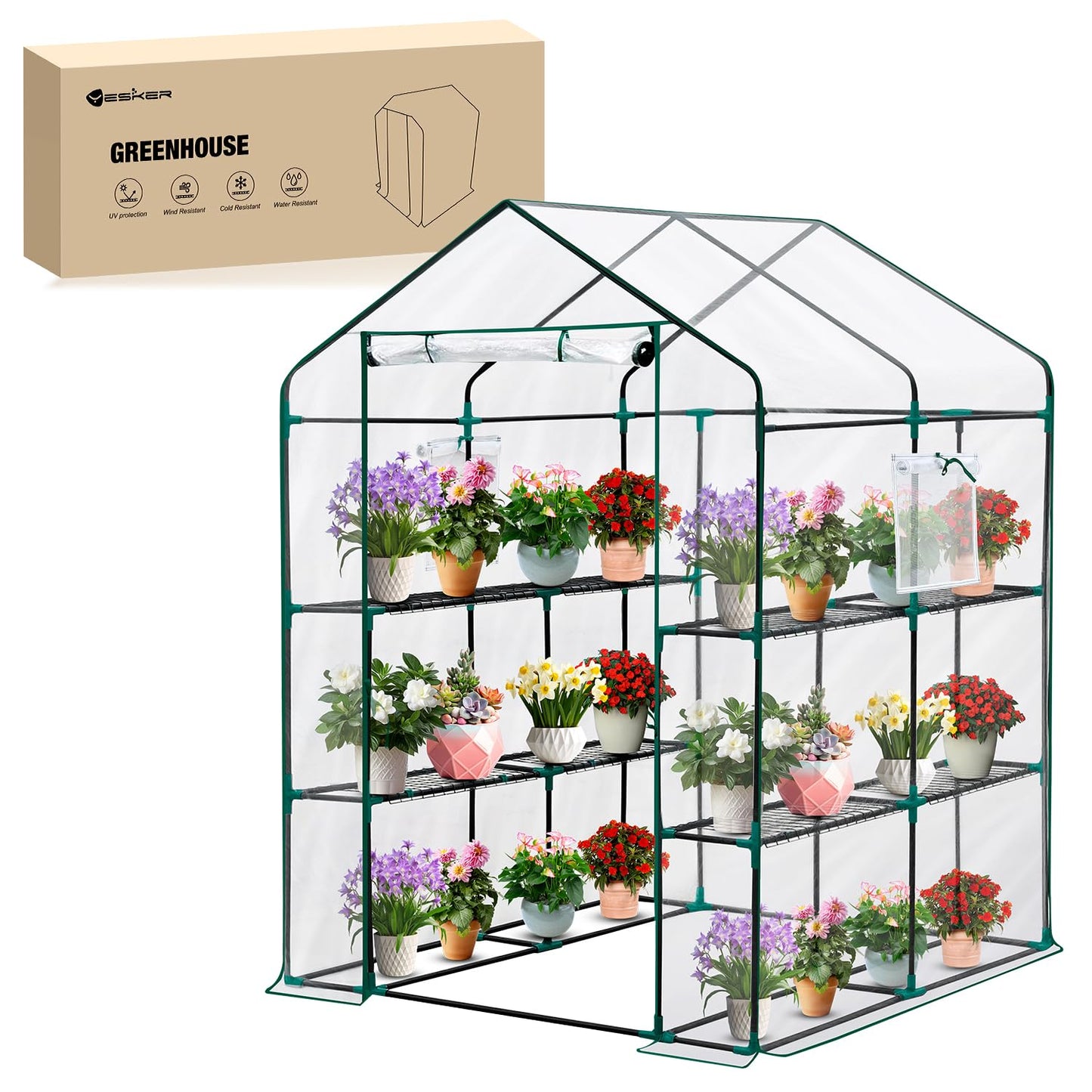 Yesker Greenhouse 57.5"x57"x77" Walk In Green House - Large Outdoor/Indoor Greenhouses with 8 Shelves Waterproof PVC Cover & Windows, Portable Greenhouse Kit for Winter Backyard Gardening Patio, Clear