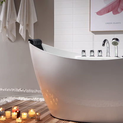 Empava 68 in. Acrylic Freestanding Tub Hydromassage Gracefully Oval Shaped Whirlpool 8 Water Jets Soaking SPA, Double-Ended Massage Bathtub with 2 Black Pillows , White