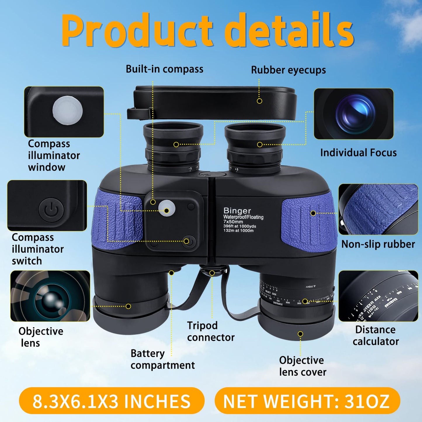 Binger 7x50 Marine Binoculars w/Rangerfinder Global Compass Floating Waterproof Marine BAK4 FMC Waterproof Nitrogen Filled