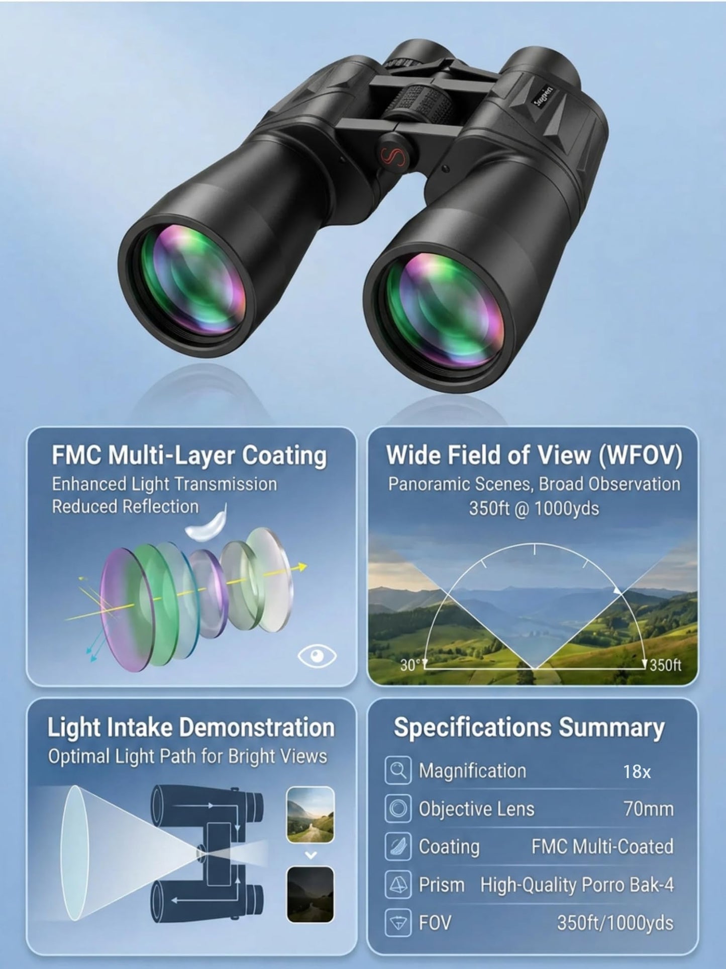 18x70 High Power Binoculars for Adults, Professional 70mm Large Aperture for Astronomy & Stargazing, Ultra-Bright Long Range Binoculars for Low Light & Coastal Observation