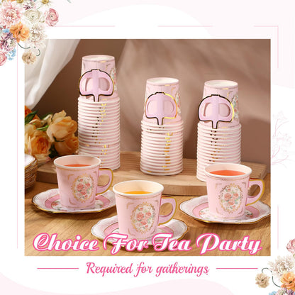 Umigy 60 Sets Tea Party Decorations 6.5oz Floral Paper Tea Cups with Handle and Plates Disposable Blossom Teacups and Saucers Sets with Tape for Hot Cold Drink Birthday (Pink Rustic)