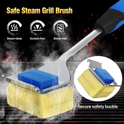 Grill Brush - Bristle-Free BBQ Cleaner with Replaceable Head & Extended Handle | Safe for Cast Iron & Stainless Steel Grates - Blue