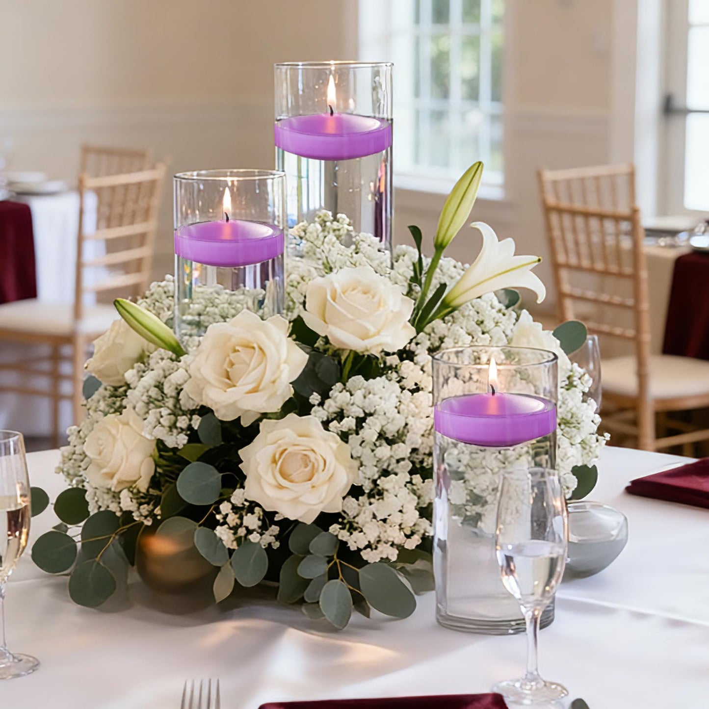 3 inch Purple Floating Candles 8-9 Hours Floating Candle for Centerpieces 30 Packs Unscented Floating Candles 3” Water Candles for Cylinder Vases, Pool, Wedding