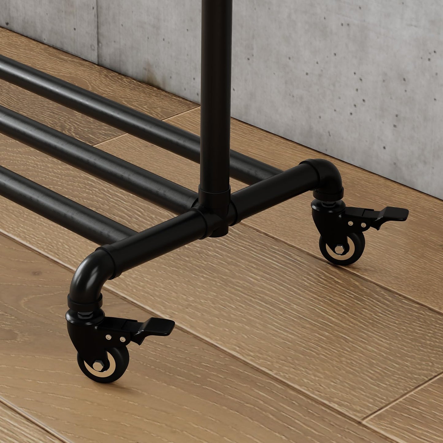 BUZUEY Industrial Pipe Clothing Rack with Wheels,Rolling Garment Rack with Bottom Shelf, Sturdy Metal Clothes Rack for Hanging Clothes Heavy Duty,Black Mobile Wardrobe Rack for Bedroom & Boutique