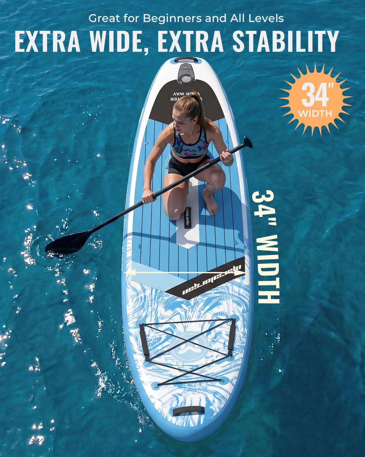 Marsdorgan 11'x34 Inflatable Paddle Board for Adults Youth, Extra Wide 430LBS Capacity SUP, Stable 2-3 Person Family for Lake Ocean Fishing, Complete Kit w/Pump & Backpack, Ice Blue