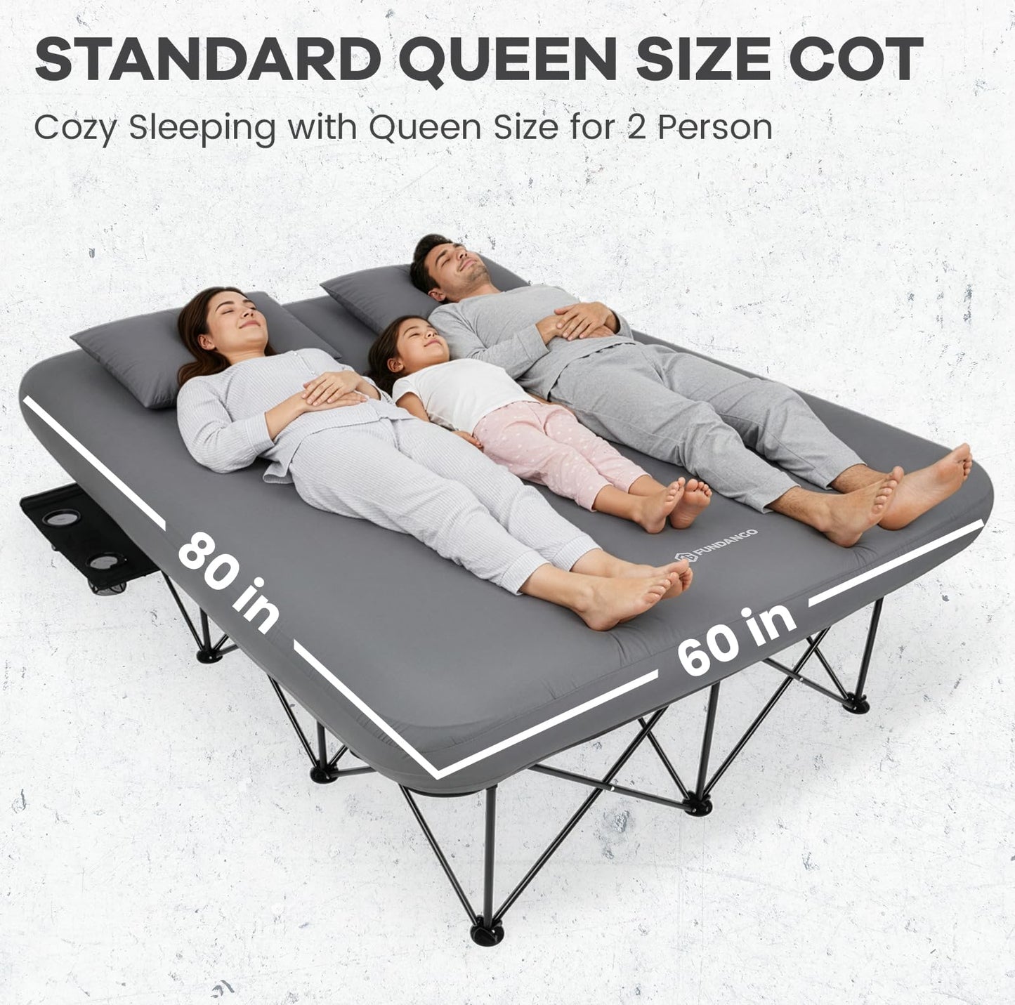 FUNDANGO Queen Camping Cot with Electric Pump, Inflatable Air Mattress Bed with Removable & Washable Cover, Folding Frame, Cup Holders, Carry Bag for Adults, Tent, Guest (80"x60")