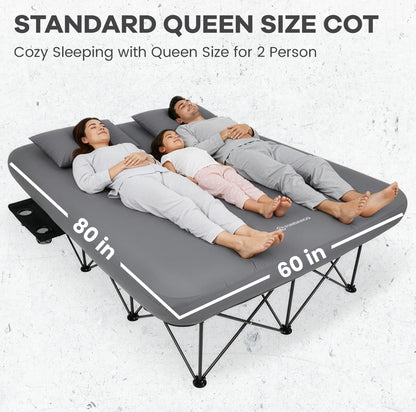 FUNDANGO Queen Camping Cot with Electric Pump, Inflatable Air Mattress Bed with Removable & Washable Cover, Folding Frame, Cup Holders, Carry Bag for Adults, Tent, Guest (80"x60")