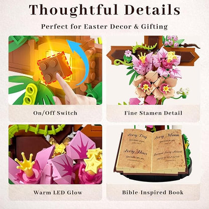 Jesus Cross SetFlower Building Block Set for Adults Faith Inspired Crucifix Brick Model with Floral Design Religious Home Desk Decor Christian Gift for Easter Prayer Room
