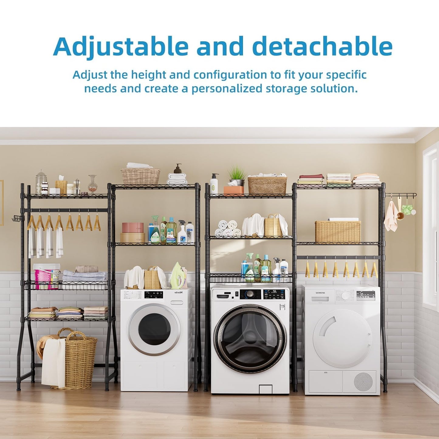 Golpart Over Washer and Dryer Shelves,Heavy Duty Laundry Room Storage Organization Clothes Drying Rack,5 Tier Adjustable Height Wire Shelving and Wire Basket with Hanger Rod&Hook,Space Saving Shelf
