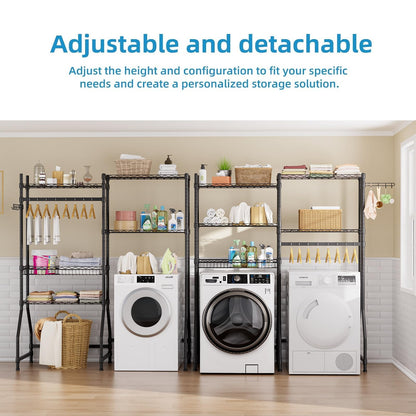Golpart Over Washer and Dryer Shelves,Heavy Duty Laundry Room Storage Organization Clothes Drying Rack,5 Tier Adjustable Height Wire Shelving and Wire Basket with Hanger Rod&Hook,Space Saving Shelf