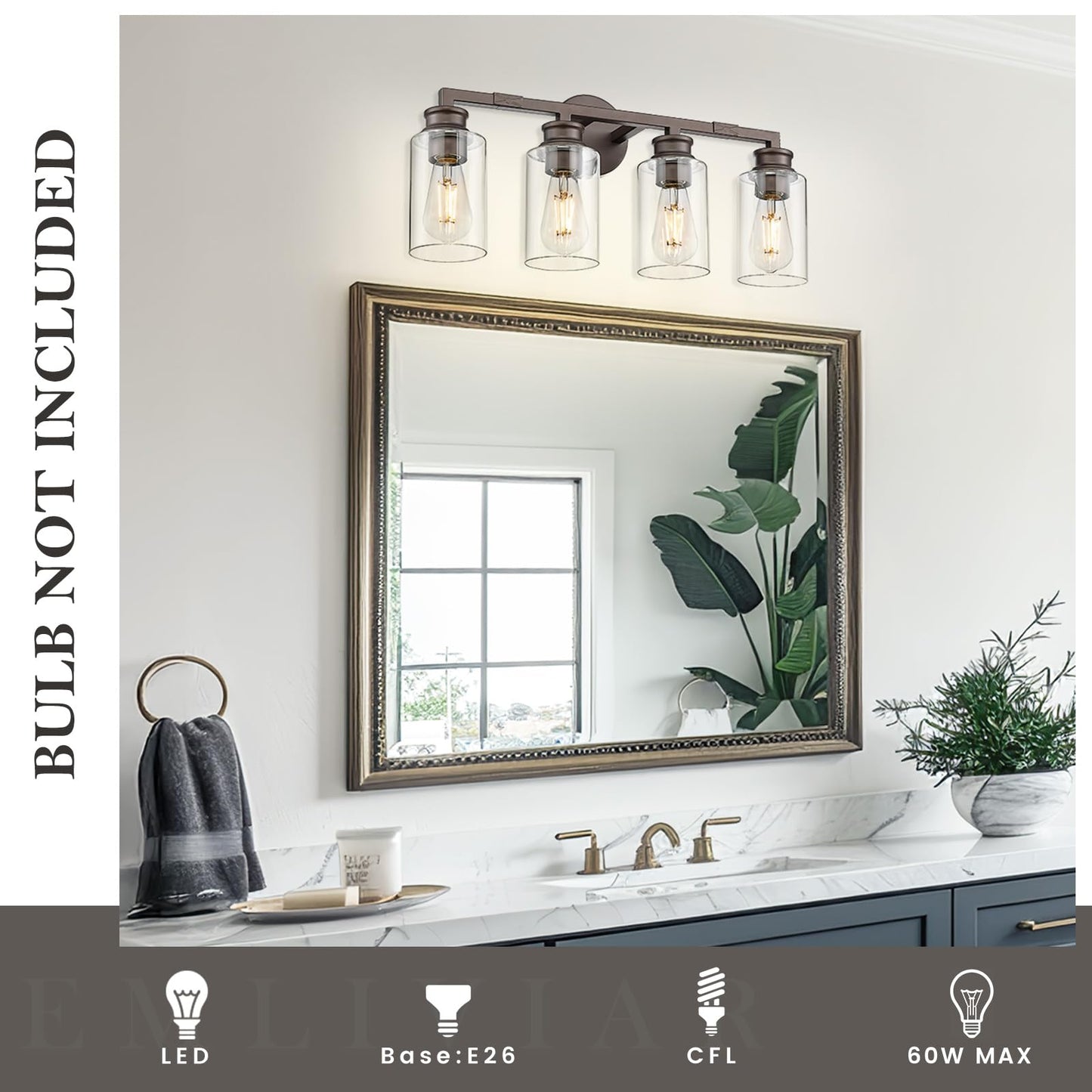 Emliviar 4-Light Vanity Light, Oil Rubbed Bronze Finish, Clear Glass Shade, Model YCE253B-4W ORB
