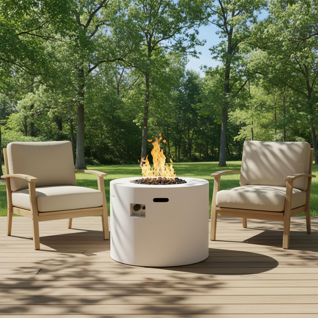 Christopher Knight Home Hiro Outdoor Propane Fire Pit Table with Lava Rock, No Assembly MGO Tank Table for Patio/Deck, 40000 BTU, Round Tabletop Fire Pit Outdoor, Patio Fire Table, White