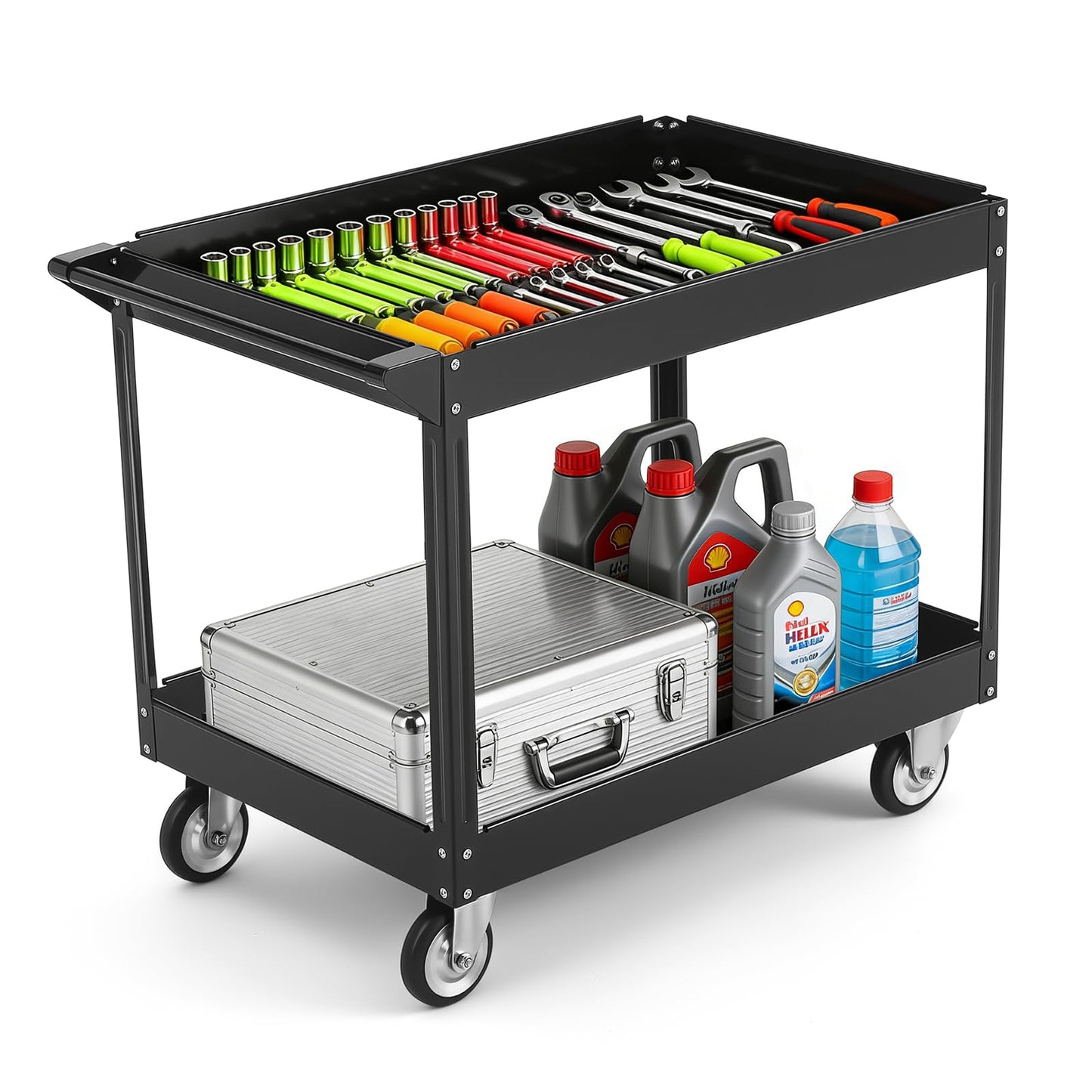 Utility Cart on Wheels, 500 lbs Capacity, 40" x 24.4" x 32.48"，Rolling Work Carts with Wheels, 2 Shelf Heavy Duty Steel Service Cart Suitable for Warehouse, Garage, School & Office, Cleaning, Black