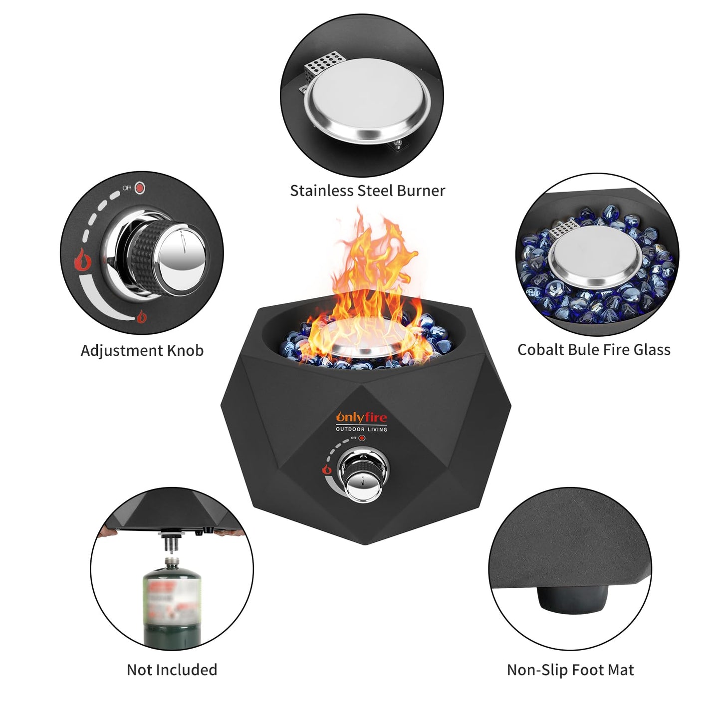 ONLYFIRE OUTDOOR LIVING 14” Modern Tabletop Fire Pit for Table with Umbrella Hole, Portable Gas Firepit for 1lb Propane Gas, Patio Backyard Porch Camping RV Tailgating, Bottom-Mounted FP003