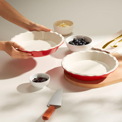 KooK Ceramic Pie Pan Set - 9-Inch Reusable Round Baking Dish with Wave Edge | Microwave & Oven Safe, Cherry