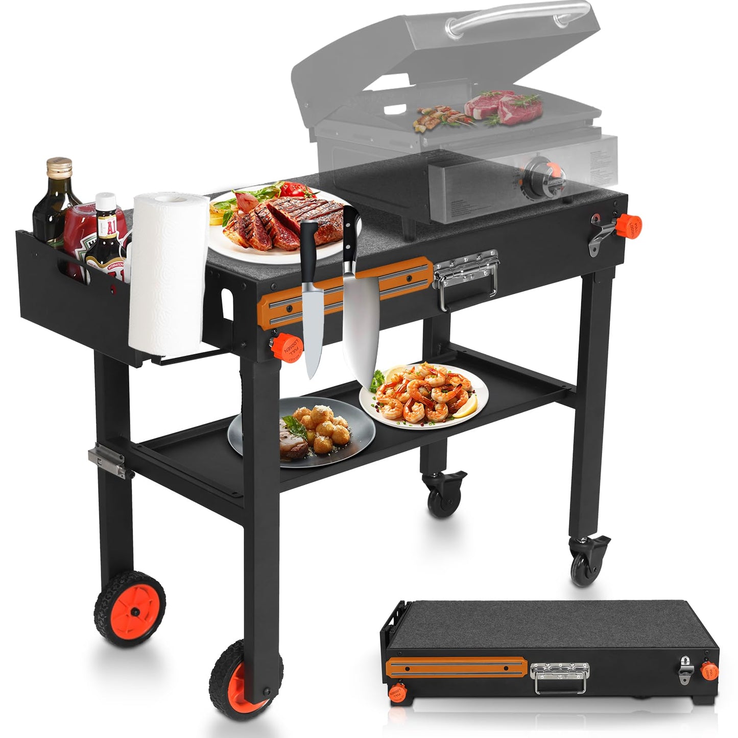 Outdoor Grill Table for Blackstone Griddle 17/22 inch, Blackstone Griddle Stand with Caddy, Folding Grill Cart for Ninja Grills, Movable Food Prep Cart with Wheels for Tailgating, Camping etc.