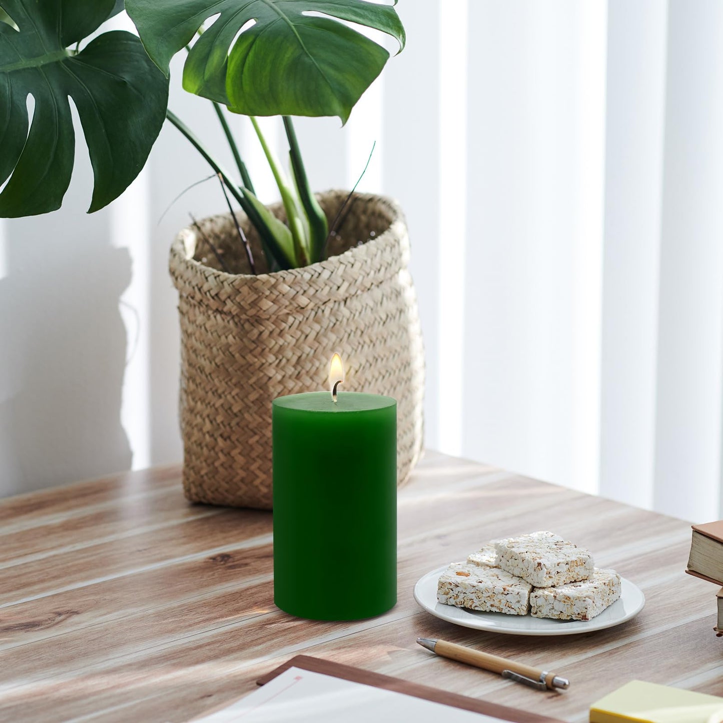 Pillar Candles Set of 3 – Unscented Dripless Rustic Green Candles for Home Decor, Weddings, Table Settings (3” W x 3”, 4”, and 6” H)