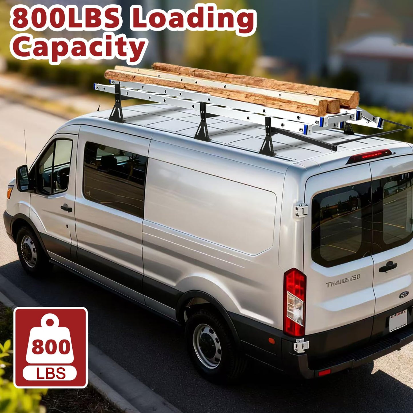 hightall Van Ladder Rack with Roller,Adjustable Length 50-61" Van Roof Rack with Cargo Stoppers,Compatible with Ford Transit150/250/350,Enclosed Trailer,Drilling Required