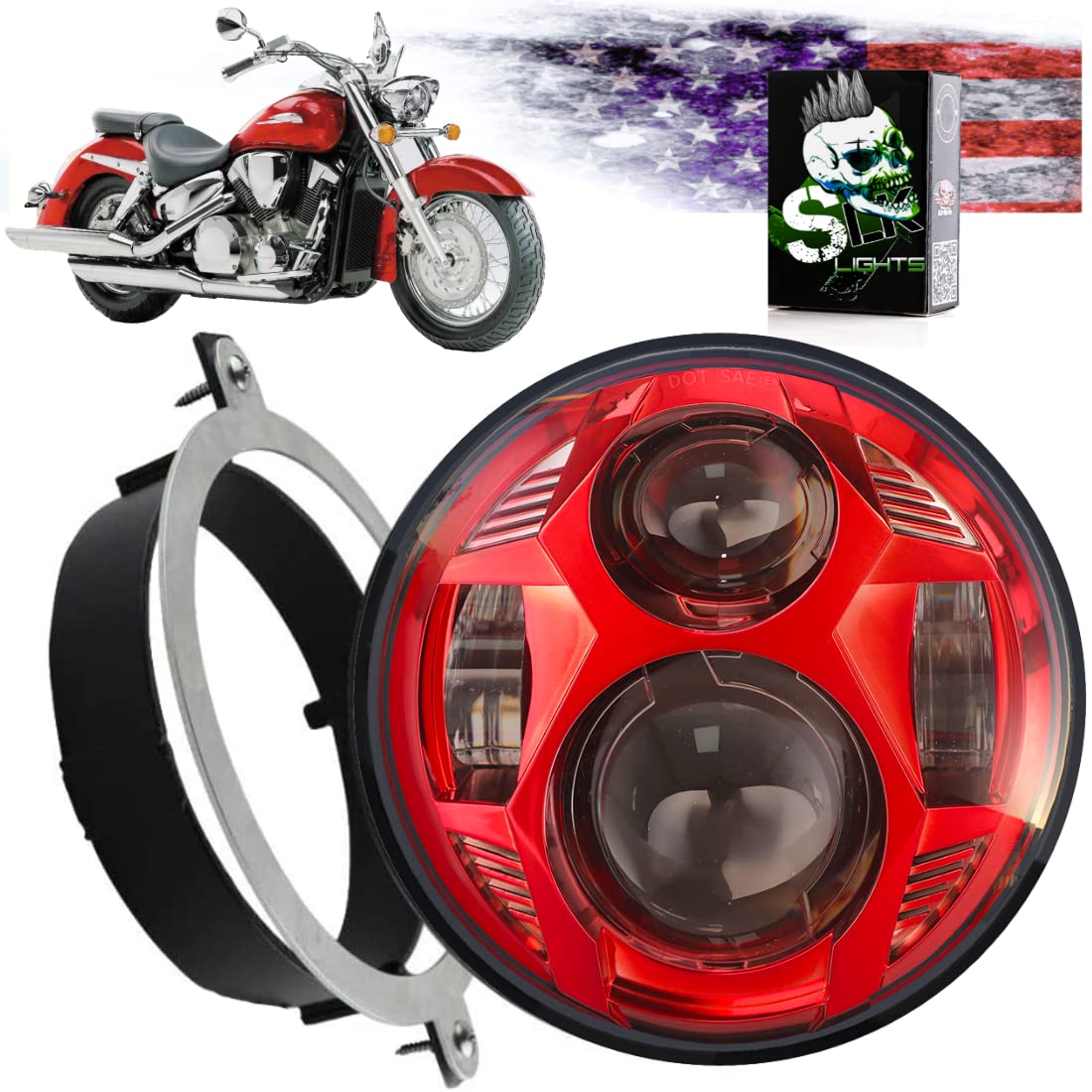 SLK-Customs VTX 5 3/4" LED Headlight Kit with Bracket and Hardware - Plug and Play Daymaker - Compatible with Honda VTX non F models (Red)