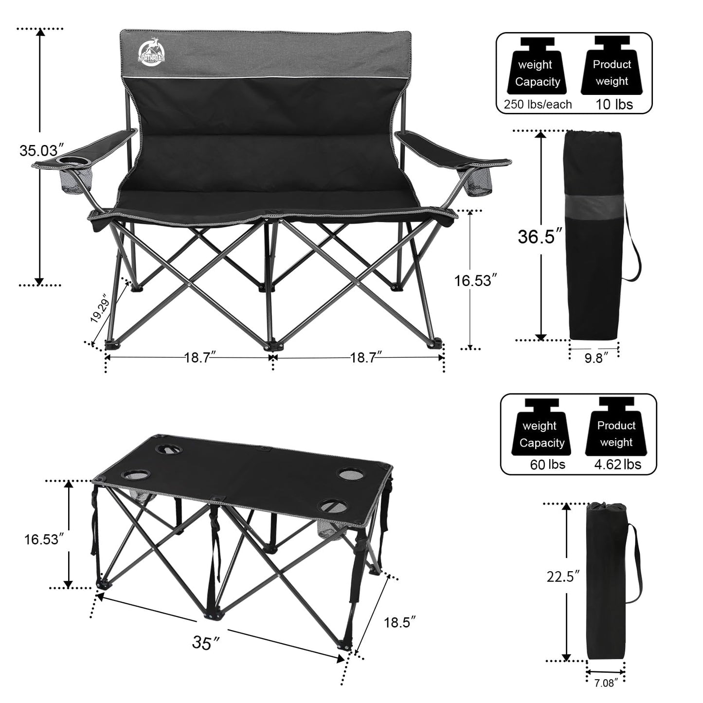 Northroad Folding Camping Chair Set of 4, Portable Collapsible Conversation Set w/1 Sofa, 2 Single Chairs, 1 Table for Family Patio, Outdoor Travel,Beach(Black)