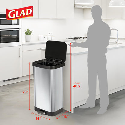 Glad Step Trash Can, Soft Close Lid Bin with Odor Protection, 20 Gal, Stainless