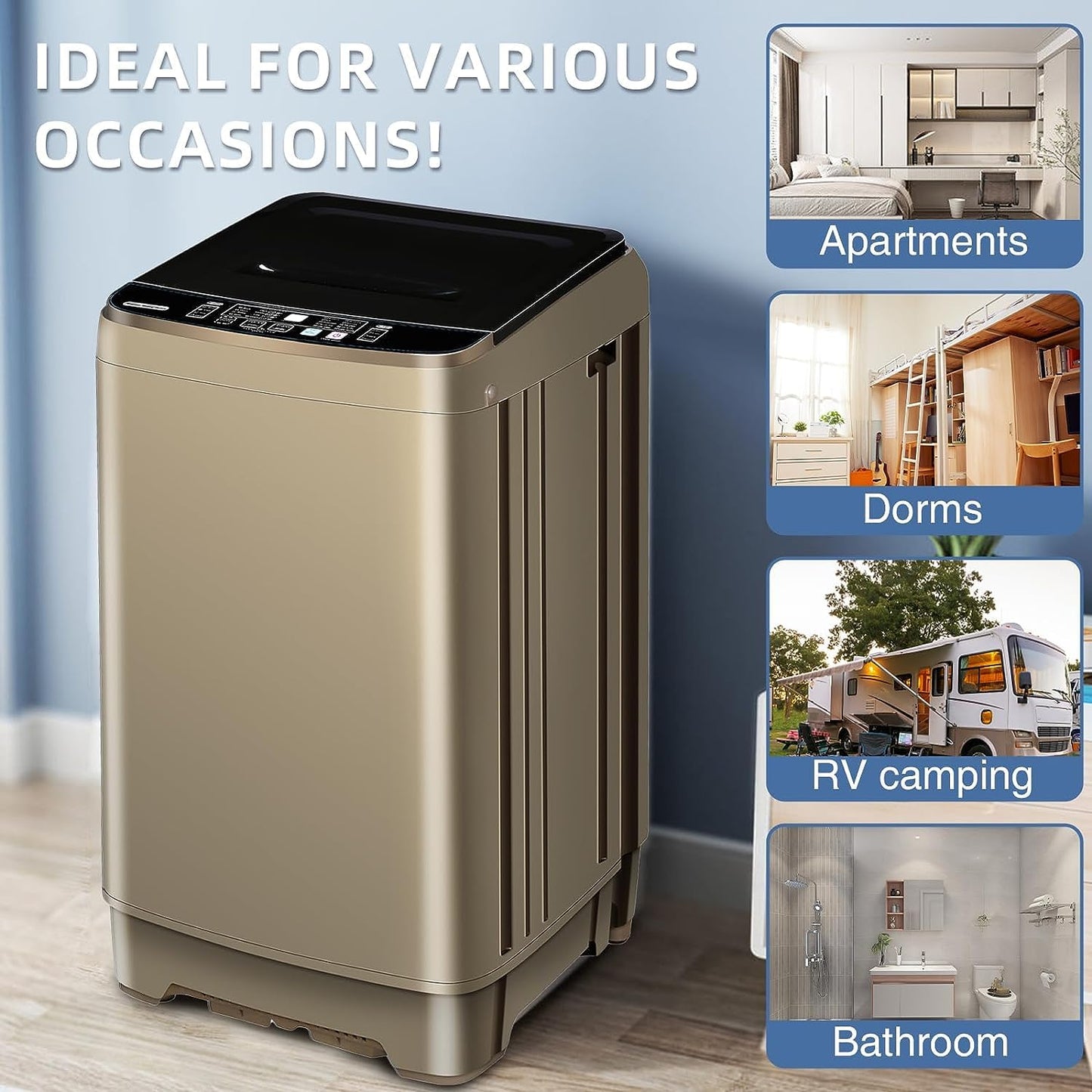 Full Automatic Washing Machine with LED Display, 10 Programs & 8 Water Levels Selections, Portable Compact Laundry Washer with Drain Pump - Gold