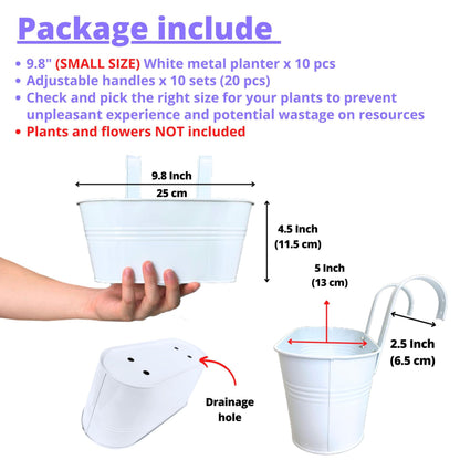LaLaGreen Outdoor Rail Planter (10 Pack, 9.8 Inch) Small and Cute White Metal Iron Hanging Flower Pot Deck Railings Fence Buckets Countryside Style Wall Mount Window Box Plant Holder Hooks Porch Decor