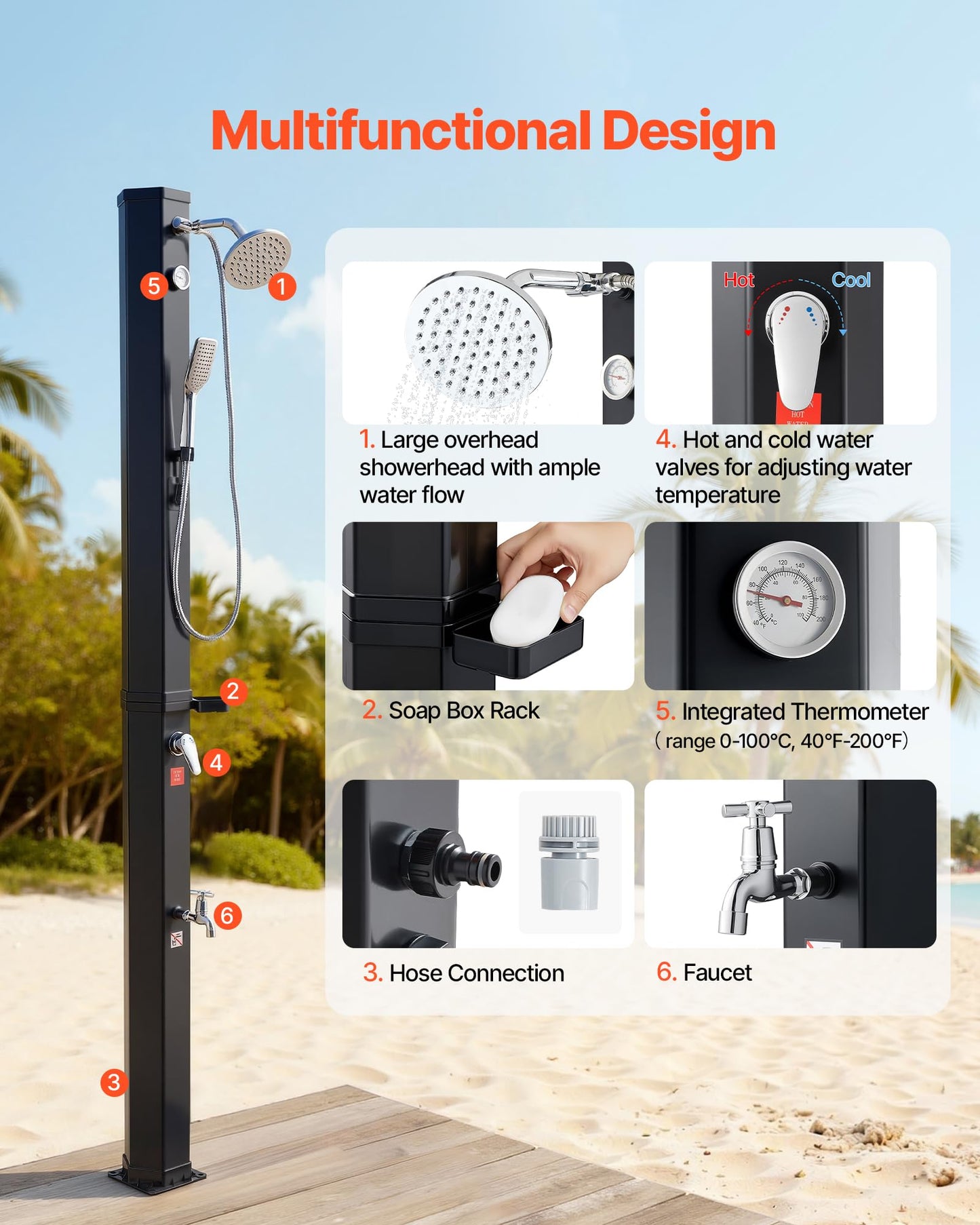 VEVOR Solar Shower, 10.6 Gal, 6.7FT Showerhead Height Outdoor Shower, Black, with Handheld & Foot Faucet, Hot & Cold Water Adjustment, Freestanding for Backyard Poolside Beach Pool