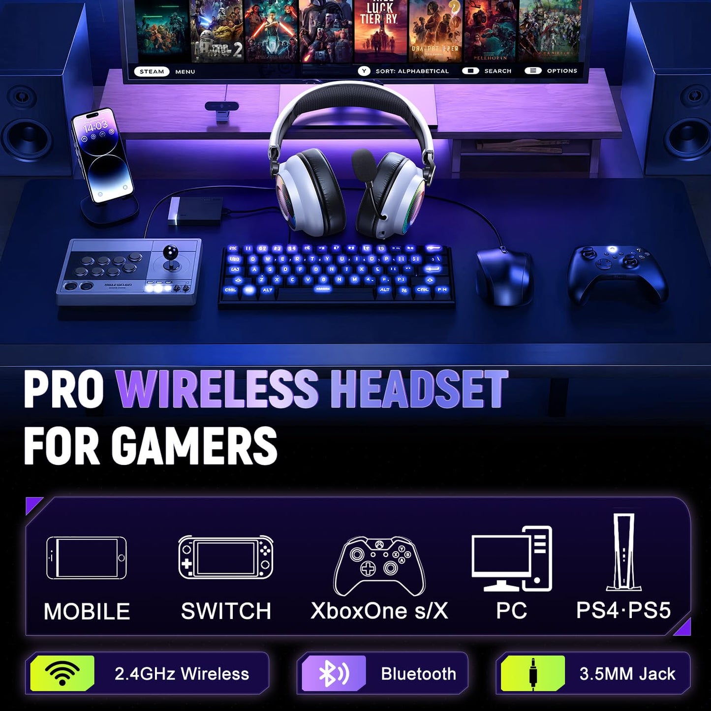 Wireless Gaming Headset for Ps5 Ps4 - 2.4GHz, Bluetooth, Wired, 7.1 Surround Sound, Noise Cancelling Mic, RGB Lights, 40H+ Battery, Lossless Audio, Comfy Over Ear Headphones for PC, Switch, Xbox, Mac