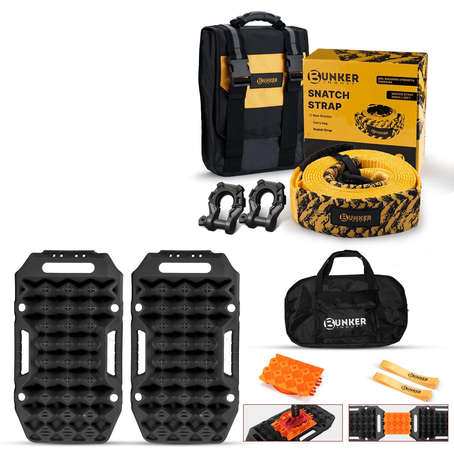 BUNKER INDUST Offroad Traction Boards with Jack Base (Gen 8) Black + Heavy Duty Tow Strap Recovery Kit