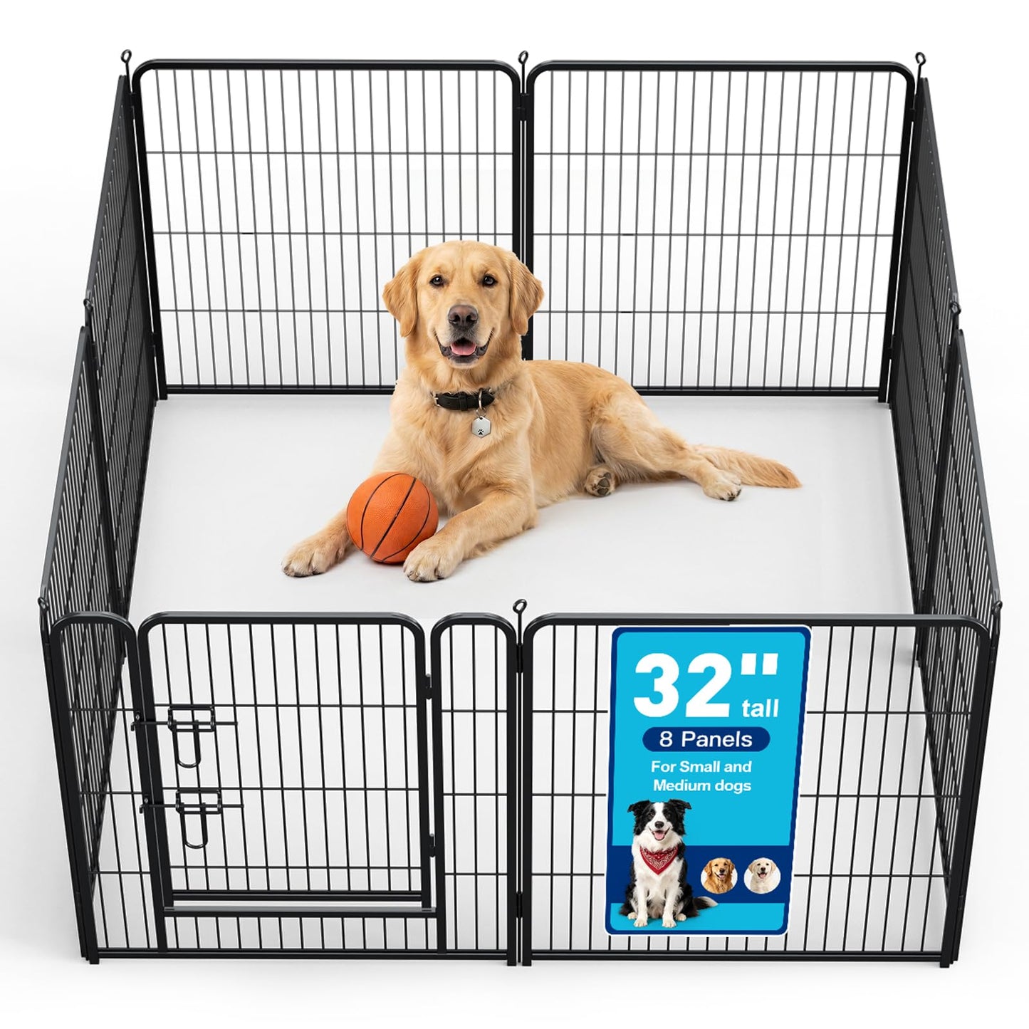 MAKE CHANGES Metal Dog Playpen - 32" Height 8 Panels Foldable Exercise Pen for Dogs Indoor/Outdoor Pen with Door for Pet Animals Portable Pet Playpen Polygon Dog Enclosure (Black)
