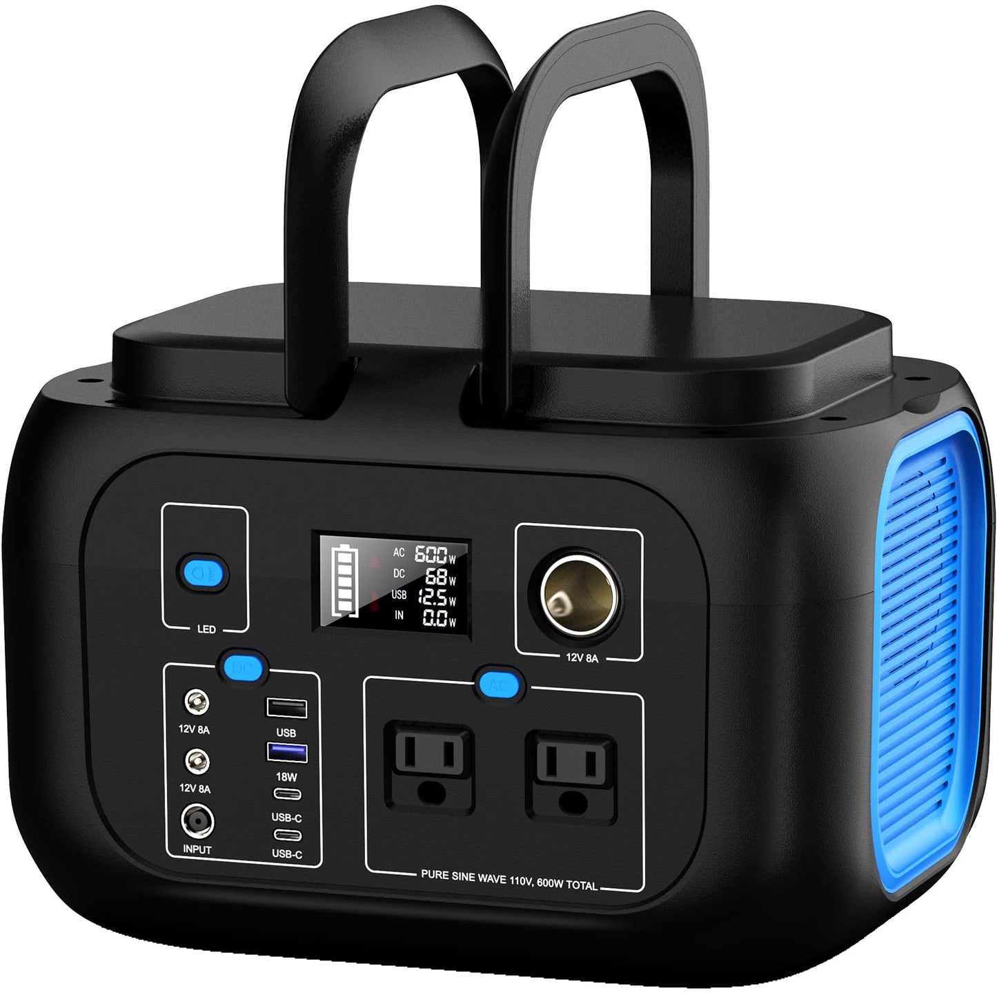 Portable Power Station 600W Power Bank 296Wh Solar Generator Lithium Battery Portable Generator Fast Charging with LED Light Battery Pack 9 Outputs Power Supply for Home Camping Emergency Backup
