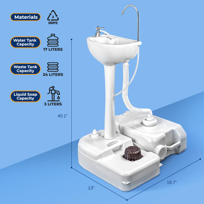 SereneLife Portable Camping Sink – Hand Washing Station with Foot Pump, 17L Fresh Water Tank, 24L Waste Tank, Soap Dispenser, Rolling Wheels & Quick Assembly for RV, Outdoor Events & Job Sites
