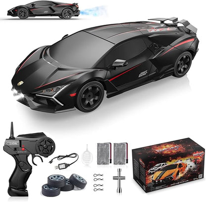 Remote Control Car RC Drift Car 1:16 Scale 4WD 18KM/H High Speed Model Vehicle 2.4GHz with LED Lights Spray Rubber Tire Racing Sport Toy for Adults Boys Girls Kids Gift 2Pcs Rechargeable Batteries