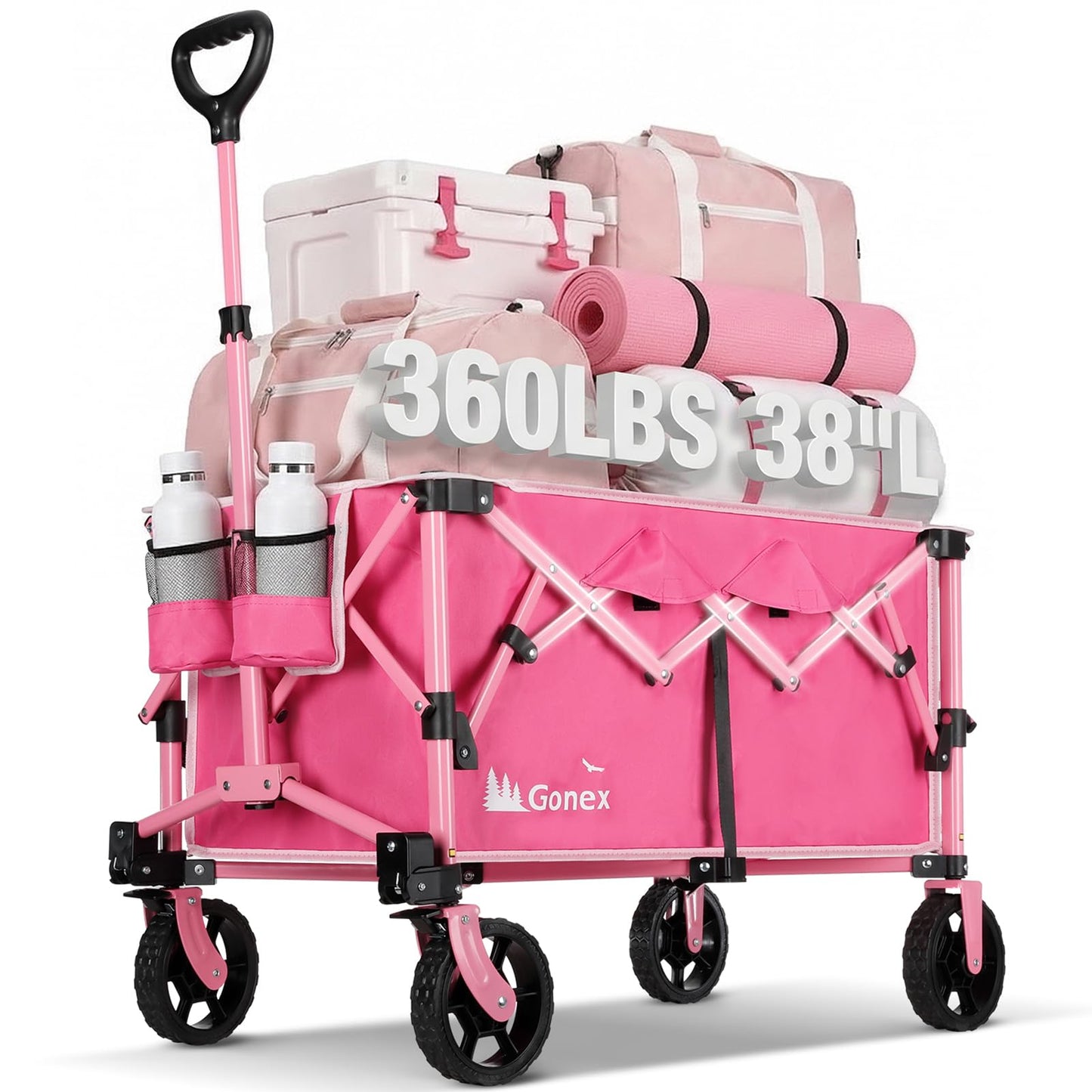 Gonex 38''L Collapsible Foldable Wagon Cart with 360lbs Weight Capacity,220L Folding Utility Garden Cart with Detachable Wheels for Grocery Sports Shopping Camping - Pink