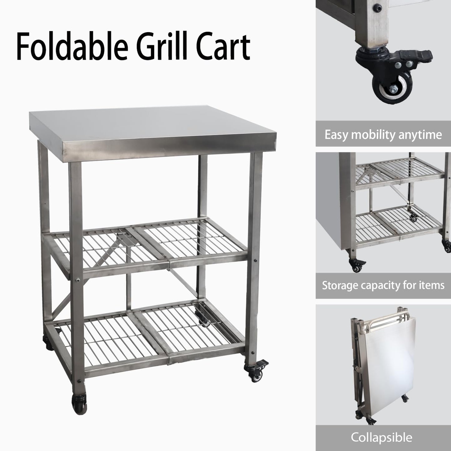 Metrixpio Stainless Steel Kitchen Cart, Foldable Origami Design,Slim Rolling Cart with Storage, Portable Microwave & BBQ, Kitchen Island on Wheels