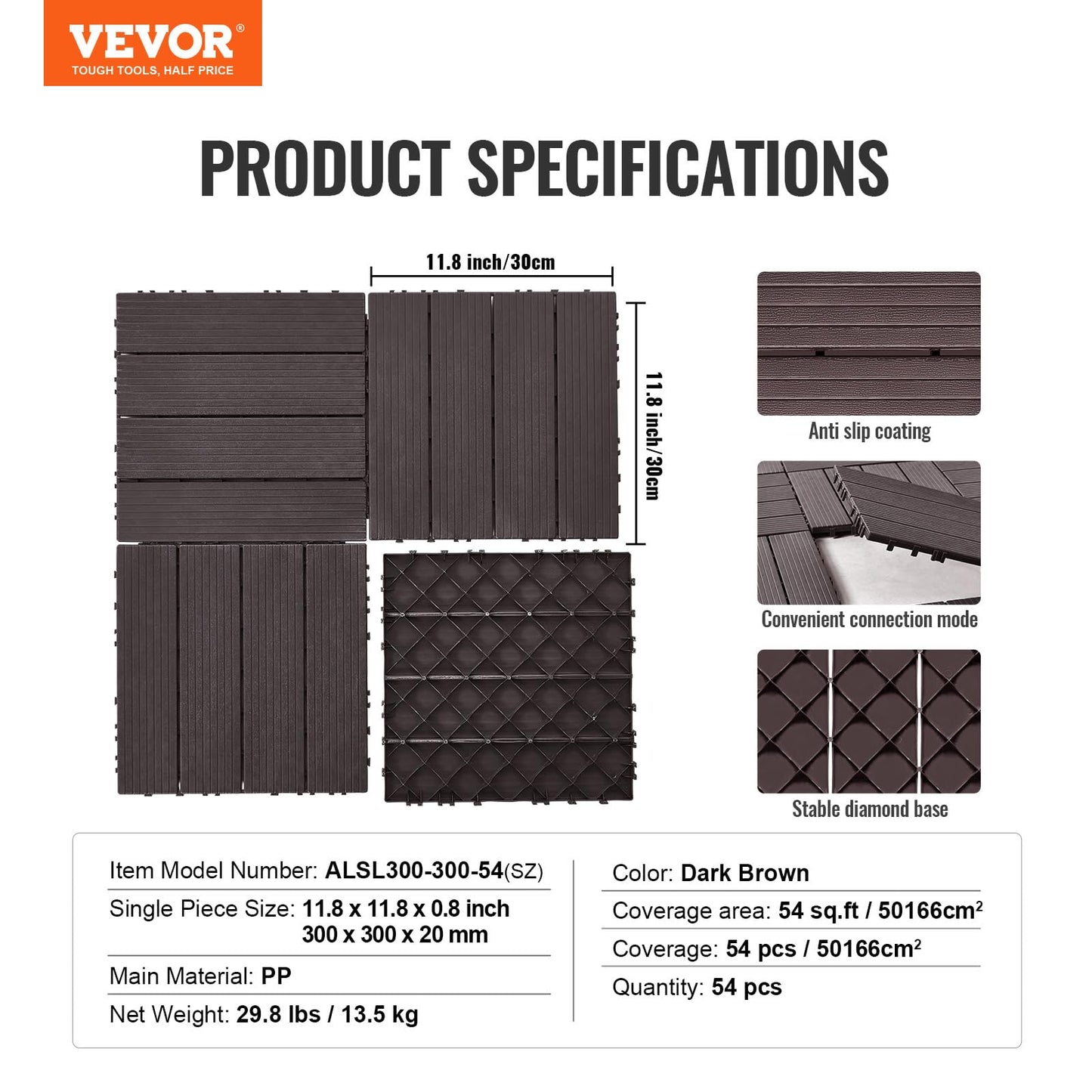 VEVOR 54 sq. ft Plastic Interlocking Deck Tiles, 54 Pack,12"x12" Waterproof Non-Slip Outdoor Flooring All Weather Use, Patio Floor Decking Tiles for Porch Poolside Balcony Backyard, Dark Brown