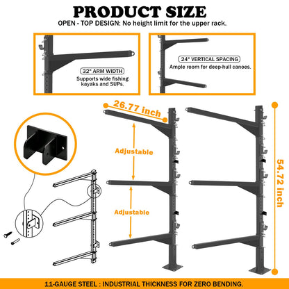 LAJIAOZ Heavy Duty Kayak Storage Rack for Dock/Garage, Adjustable Freestanding Kayak Stand or Wall Mount Kayak Rack, 3-Tier Indoor Outdoor Canoe Storage Rack for 3-4 Kayaks, SUP & Paddleboard