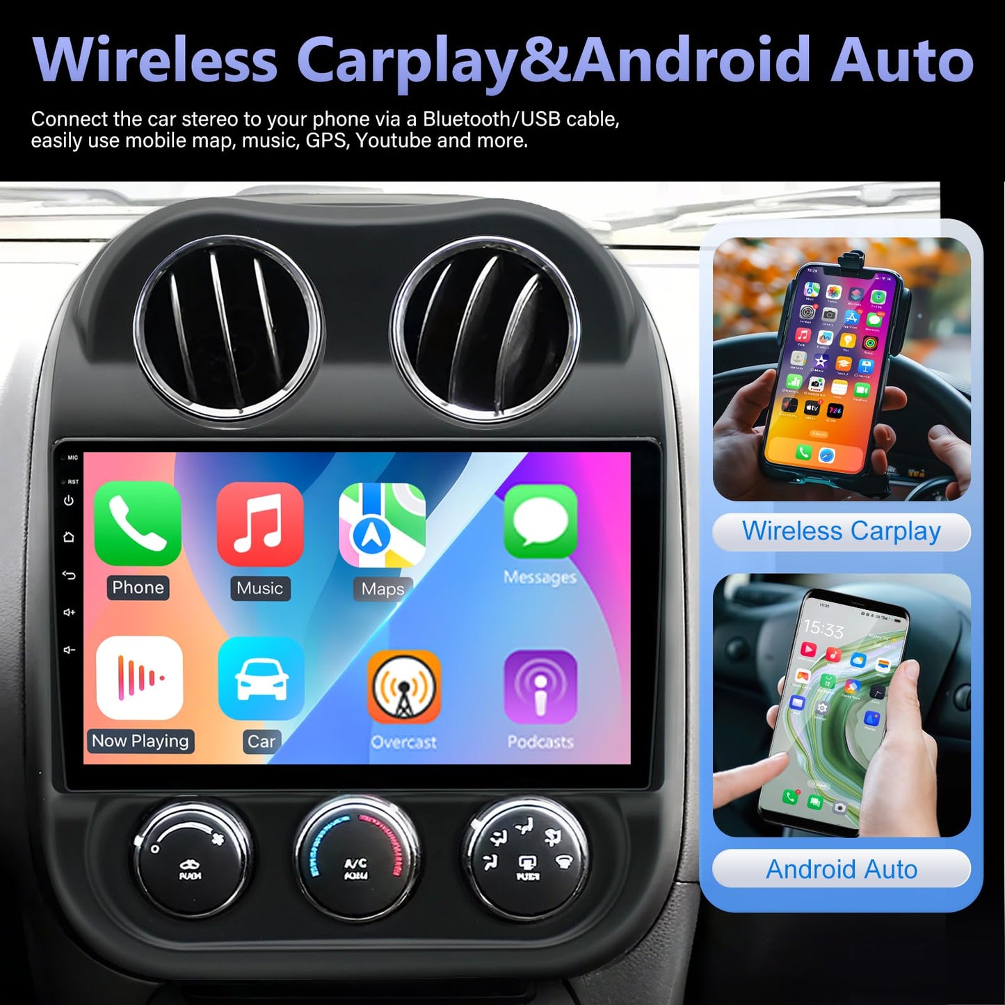 8 Core 4+64G Android 14 Car Stereo Radio for Jeep Compass Patriot 2010-2016, 10" IPS HD Touch Screen Radio with Wireless CarPlay&Android Auto/Bluetooth/WiFi/GPS/AHD Backup Camera/SWC/FM/USB