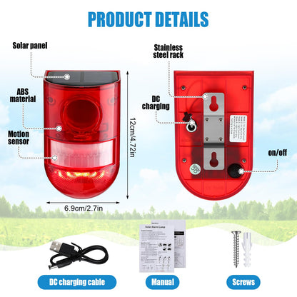 Qualirey Solar Sound and Light Alarm Motion Sensor 129db Outdoor Security Siren Waterproof Activated Detector Driveway Alarm 6 LEDs Flash Warning Deterrent Strobe System for Home, Farm(Red,16 Pack)