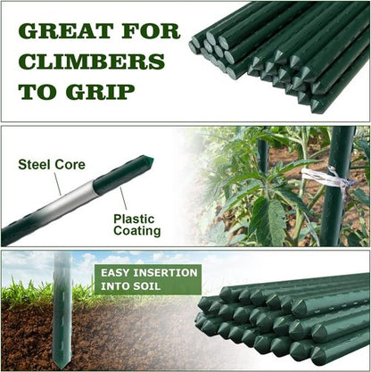 Jollybower 25pcs Steel Plant Stakes - 4 Feet Sturdy Supports for Climbing Plants, Flowers & Trees