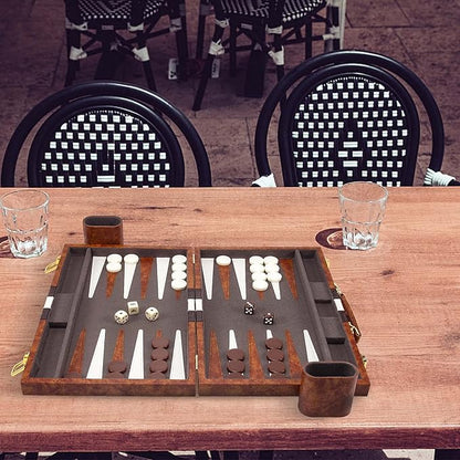 AMEROUS Backgammon Set 15 Inches Classic Board Game with Leather Case Folding Board Gift Package Portable Travel Strategy Backgammon Game Set for Adults Kids (Medium Brown)
