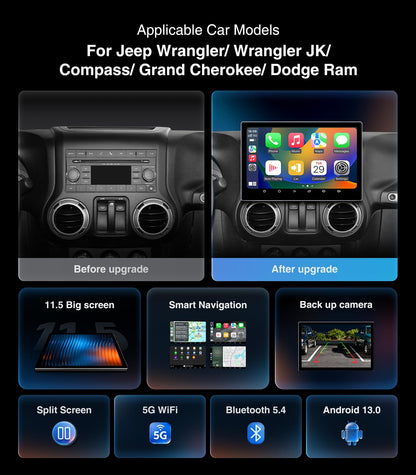 11.5 Inch 64G Car Radio Stereo Upgrade for Jeep Wrangler JK Compass Grand Cherokee Dodge Ram 2009-2012 with Wireless CarPlay/Android Auto/Android 13/Touch Screen/GPS Navigation/HD Backup Camera