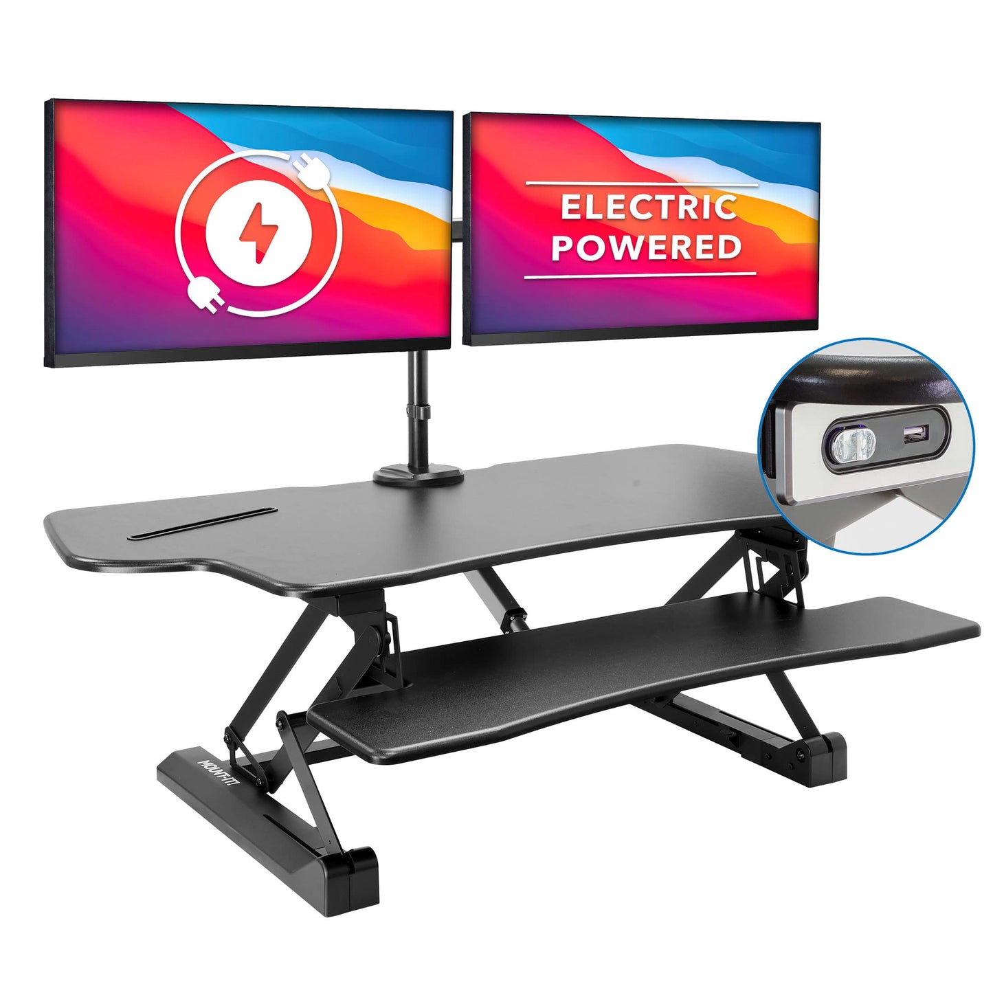 Mount-It! Electric Standing Desk Converter with Dual Monitor Arm, Stand Up Desk Riser X-Large 47.2" Wide, Electric Desk Riser with Mount for 2 Screens (Max 32"), Desktop with Keyboard Tray, USB, Black