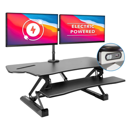 Mount-It! Electric Standing Desk Converter with Dual Monitor Arm, Stand Up Desk Riser X-Large 47.2" Wide, Electric Desk Riser with Mount for 2 Screens (Max 32"), Desktop with Keyboard Tray, USB, Black